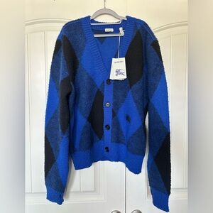 Burberry Men's Blue and Black Argyle Sweater cardigan